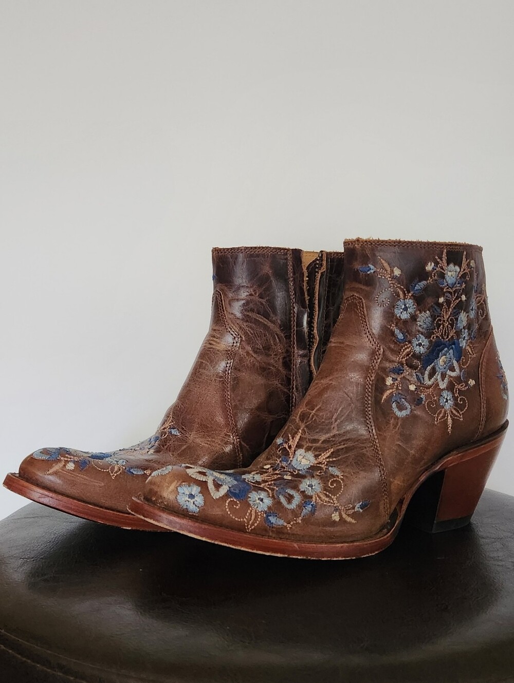 Shyanne Brown Leather Ankle Boots with Blue Floral Embroidery